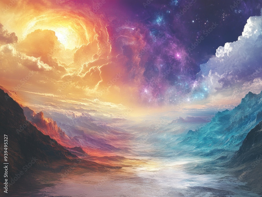 Awe-Inspiring Fantasy Landscape with Sun, Nebula Sky, and Mountains