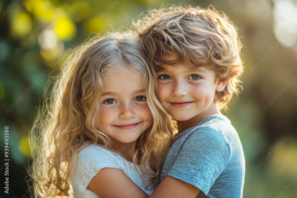 Happy siblings hugging lovingly in summer park. Young children brother and sister embracing each other outdoors. Family love and relationship concept, Generative AI Happy siblings hugging lovingly in summer park. Young children brother and sister embracing each other outdoors. Family love and relationship concept, Generative AI