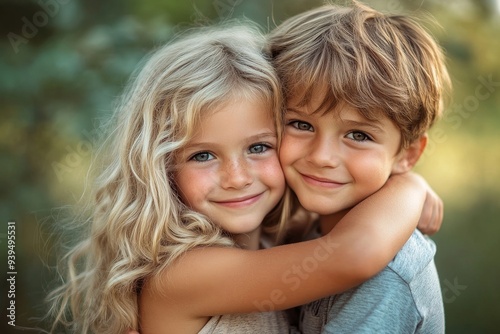 Happy siblings hugging lovingly in summer park. Young children brother and sister embracing each other outdoors. Family love and relationship concept, Generative AI photo