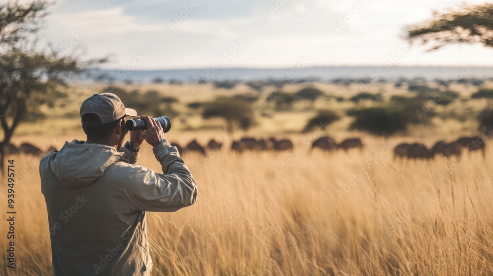A wide shot of a savannah landscape where a group of antelopes is being monitored by a conservationist using binoculars and GPS tracking devices A wide shot of a savannah landscape where a group of antelopes is being monitored by a conservationist using binoculars and GPS tracking devices