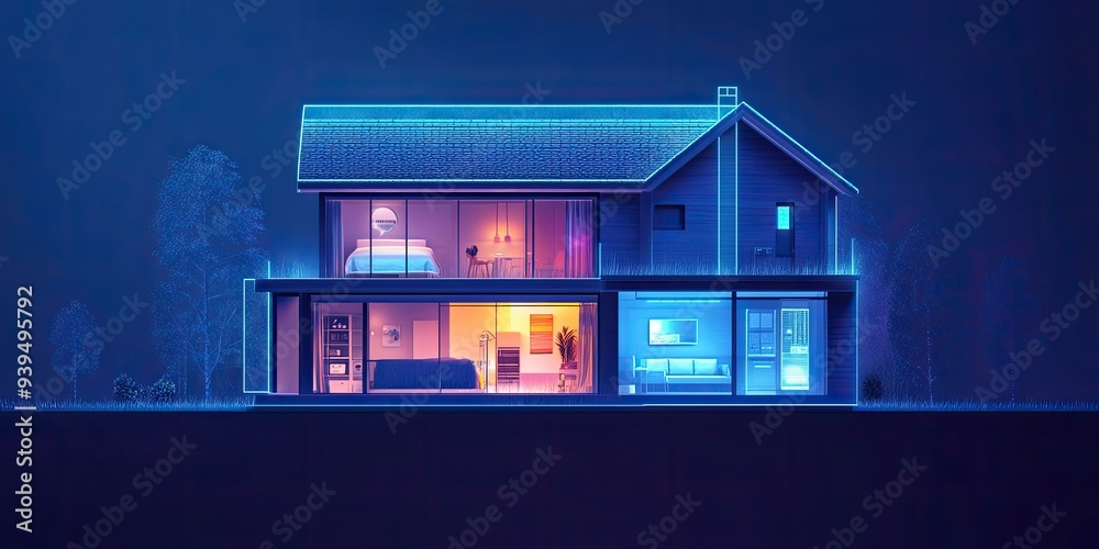 Neon outline of house with furnished rooms. Neon outline of house with furnished rooms.