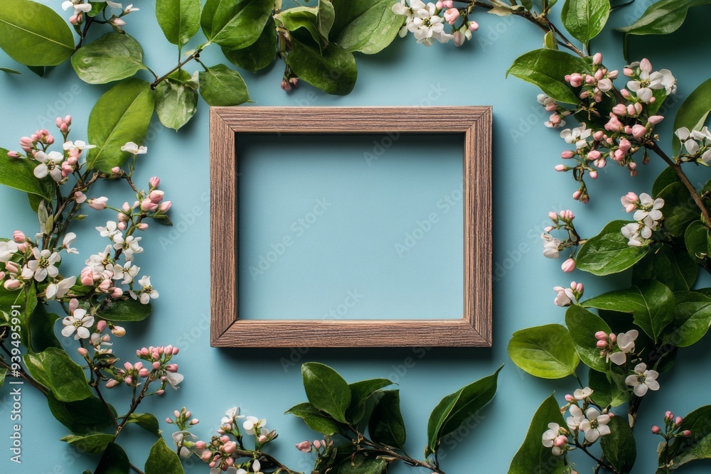 Elegant Home Decor Highlighting a Wooden Photo Frame Adorned with Fresh Flowers and Leaves, Graphic Resources, Wallpapers, Brochure, Advertising,