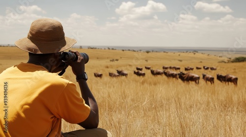 A wide shot of a savannah landscape where a group of antelopes is being monitored by a conservationist using binoculars and GPS tracking devices