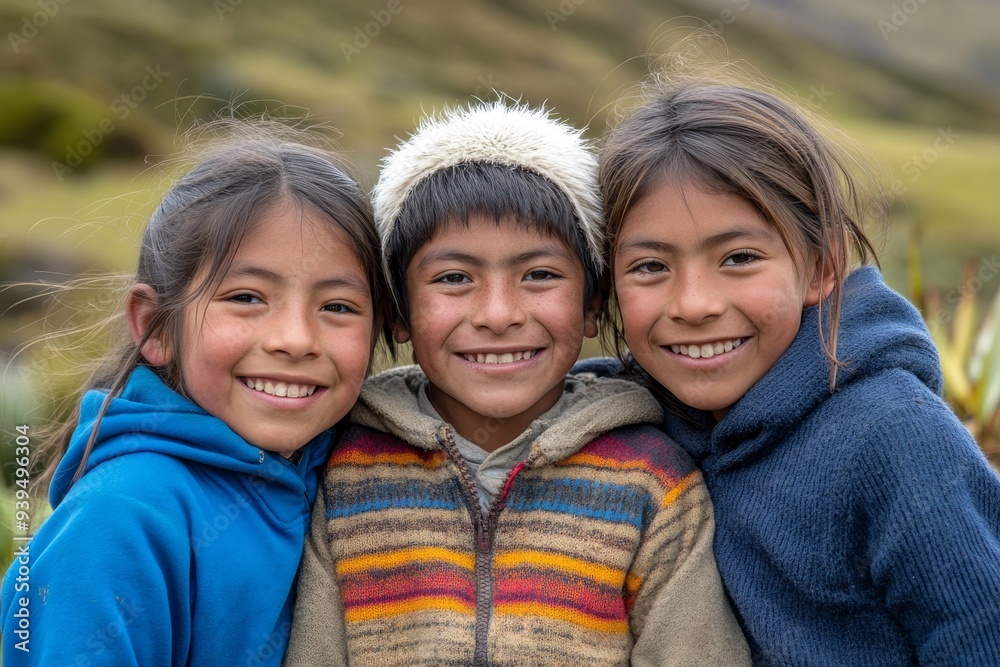 portrait of 3 siblings on vacation in the highlands of Ecuador, smiling with the younger brother in the middle, selective focus on the subject in the, Generative AI portrait of 3 siblings on vacation in the highlands of Ecuador, smiling with the younger brother in the middle, selective focus on the subject in the, Generative AI