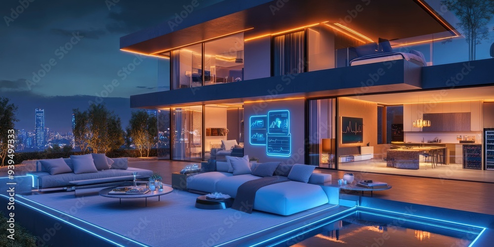 Fototapeta premium Modern house with outdoor patio and pool at night.