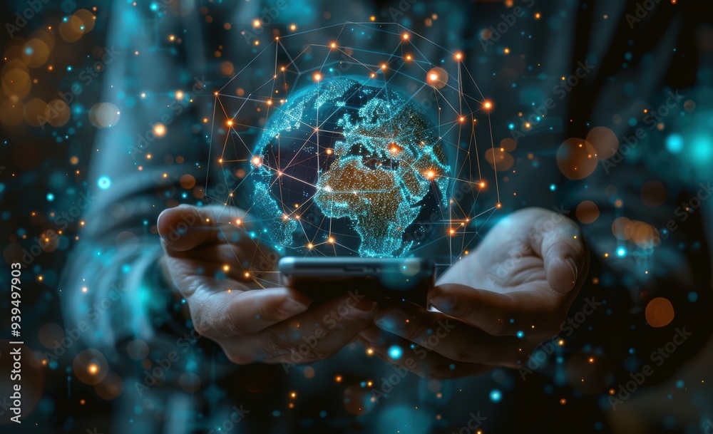 Close-up of hands holding a smartphone projecting a digital network of the Earth, symbolizing global connectivity and futuristic technology Close-up of hands holding a smartphone projecting a digital network of the Earth, symbolizing global connectivity and futuristic technology