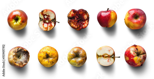 A set of rotten apples on a transparent background illustration, Generative AI