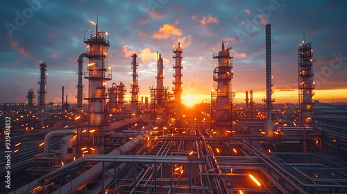 Aerial view oil refinery plant from industry zone, Refinery factory oil storage tank and pipeline steel at sunset. Generative AI.