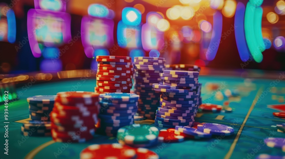 Photograph of a stack of colored chips on a roulette table with a ball spinning on the wheel. Photograph of a stack of colored chips on a roulette table with a ball spinning on the wheel.
