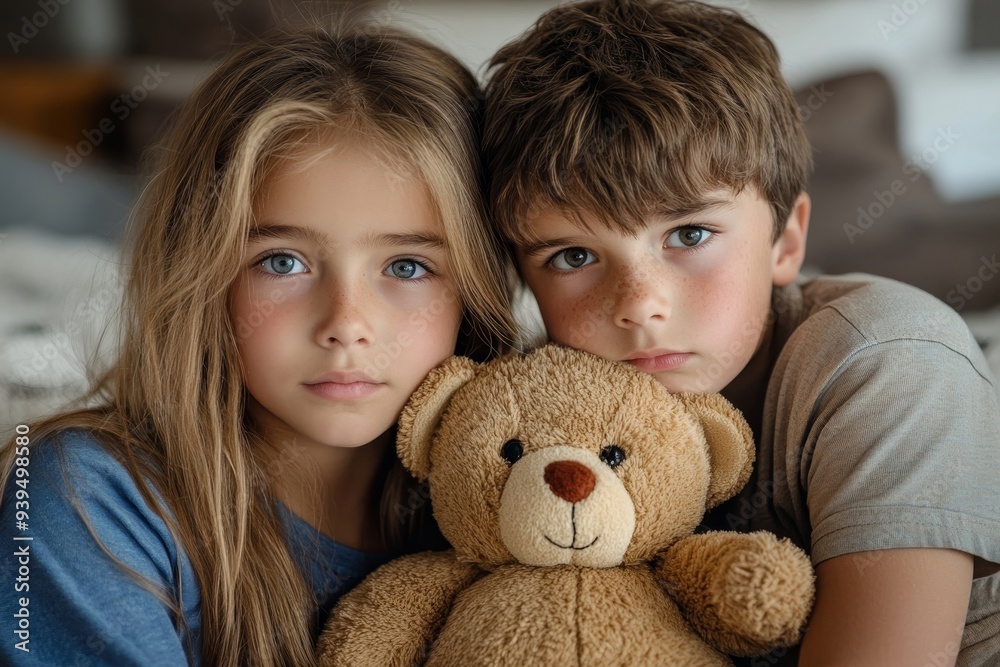 sad sister and brother with teddy bear at home, Generative AI sad sister and brother with teddy bear at home, Generative AI