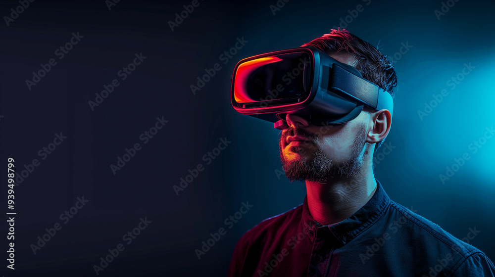 Portrait of man wearing a VR headset playing a video game. Studio background with vibrant lights. Future technology concept. Generative AI. Portrait of man wearing a VR headset playing a video game. Studio background with vibrant lights. Future technology concept. Generative AI.