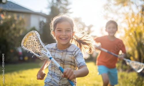 Young siblings playing lacrosse in the backyard, Generative AI photo