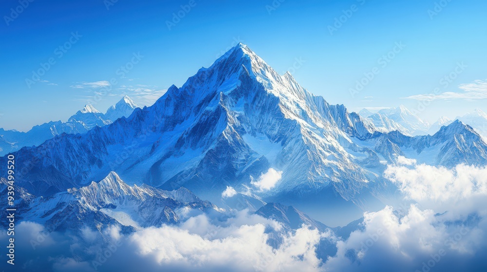 Fototapeta premium Breathtaking mountain landscape under a clear blue sky with majestic peaks and fluffy clouds, perfect for nature enthusiasts.