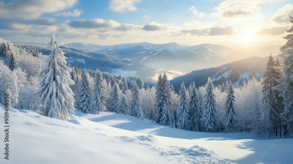 Obraz premium Beautiful winter landscape with snowy trees and mountains at sunrise