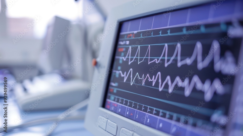 photograph of An electrocardiogram (EKG) machine with a clear display of heart waves is located in a quiet clinic. photograph of An electrocardiogram (EKG) machine with a clear display of heart waves is located in a quiet clinic.