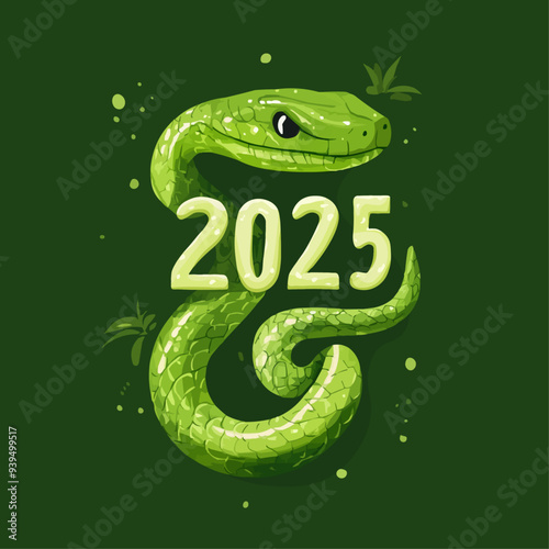 Vector illustration of the symbol of the new year 2025, a green snake, on a green background, for design, calendar, postcards, congratulations