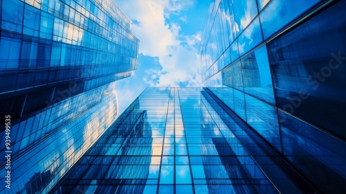 Modern blue glass skyscrapers reflecting the sky, urban architecture concept