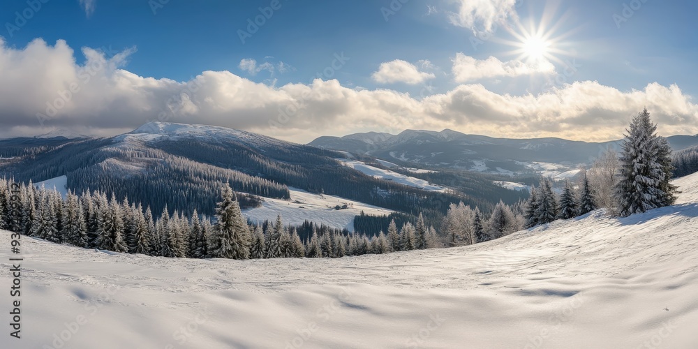 Winter landscape in the mountains with snow-covered trees under sunlight Winter landscape in the mountains with snow-covered trees under sunlight
