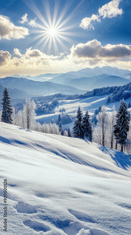 Majestic winter landscape with sun shining over snow-covered mountains Majestic winter landscape with sun shining over snow-covered mountains
