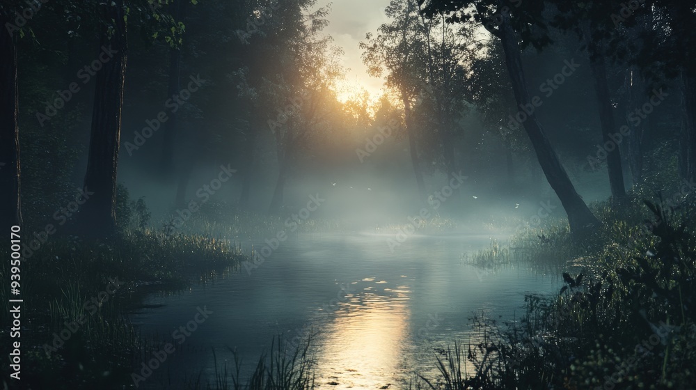 As dawn breaks, soft mist rises from the calm water of a stream, surrounded by tall trees in a peaceful forest setting. The light creates a magical atmosphere As dawn breaks, soft mist rises from the calm water of a stream, surrounded by tall trees in a peaceful forest setting. The light creates a magical atmosphere