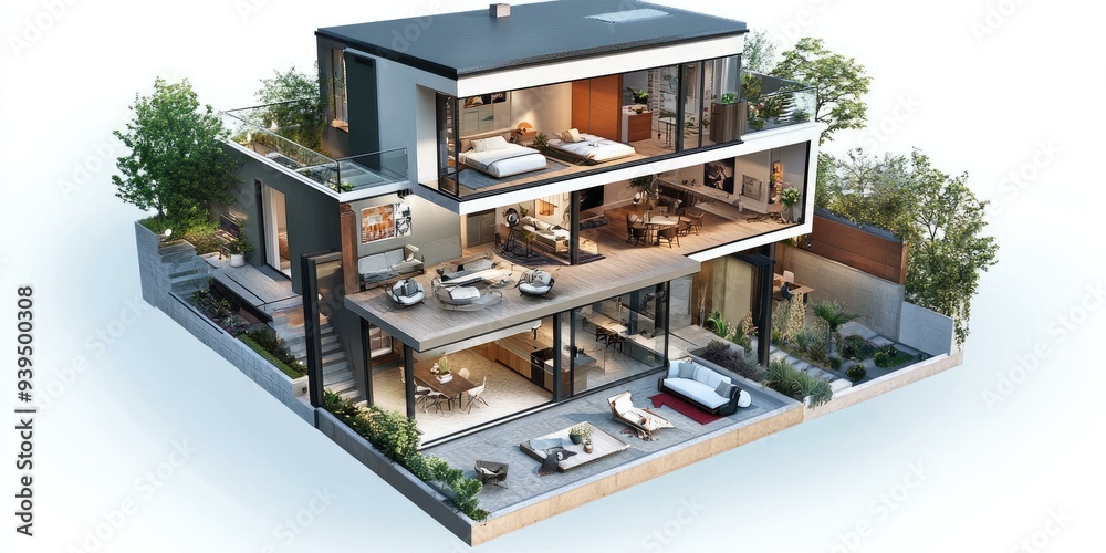 Modern house cutaway with interior views. Modern house cutaway with interior views.