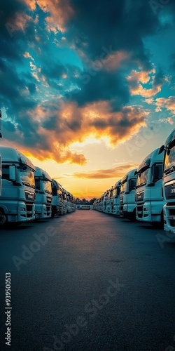 Trucks lined up at sunset in a transport yard during golden hour photo