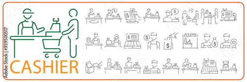 Cashier and Cash register line icon set design. Payment service machine sign and symbol