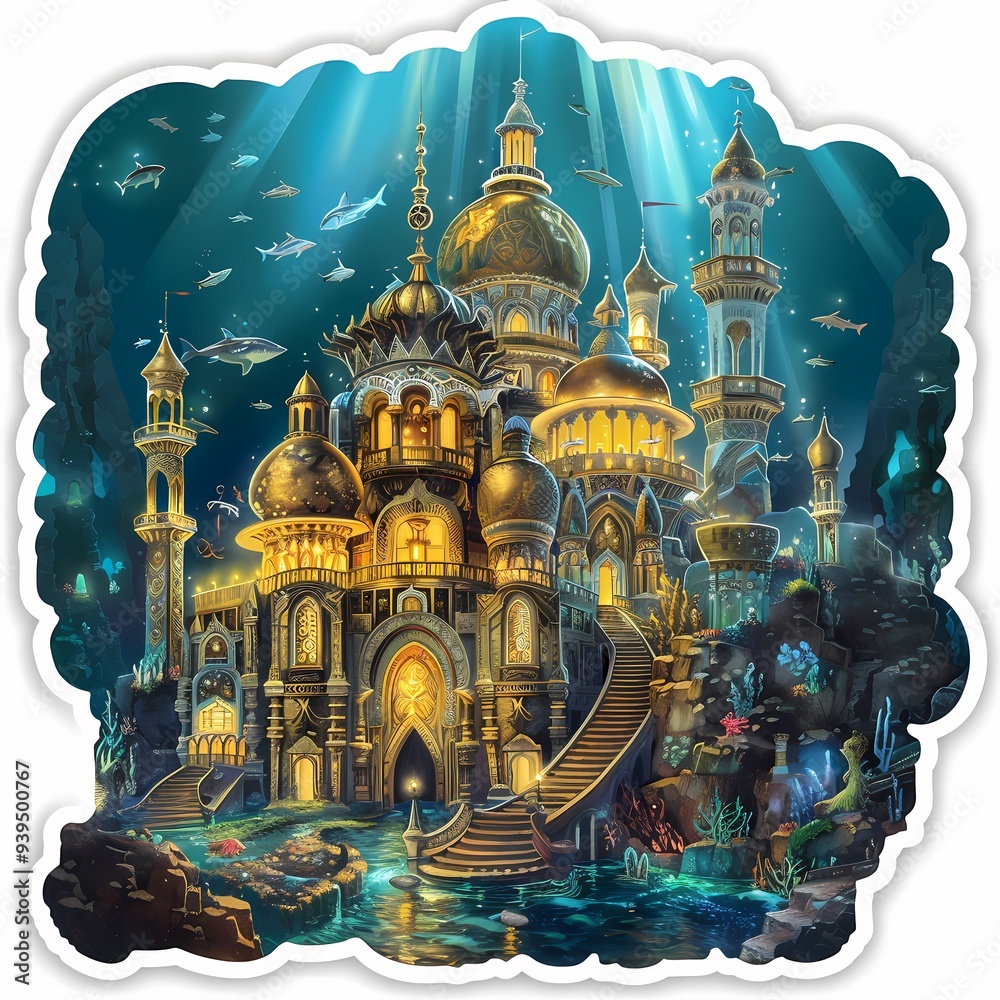 Obraz premium An enchanting underwater palace with golden domes illuminated in a mystical deep-sea setting.