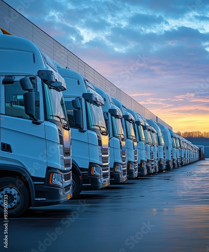 Row of parked trucks at a distribution center during sunrise