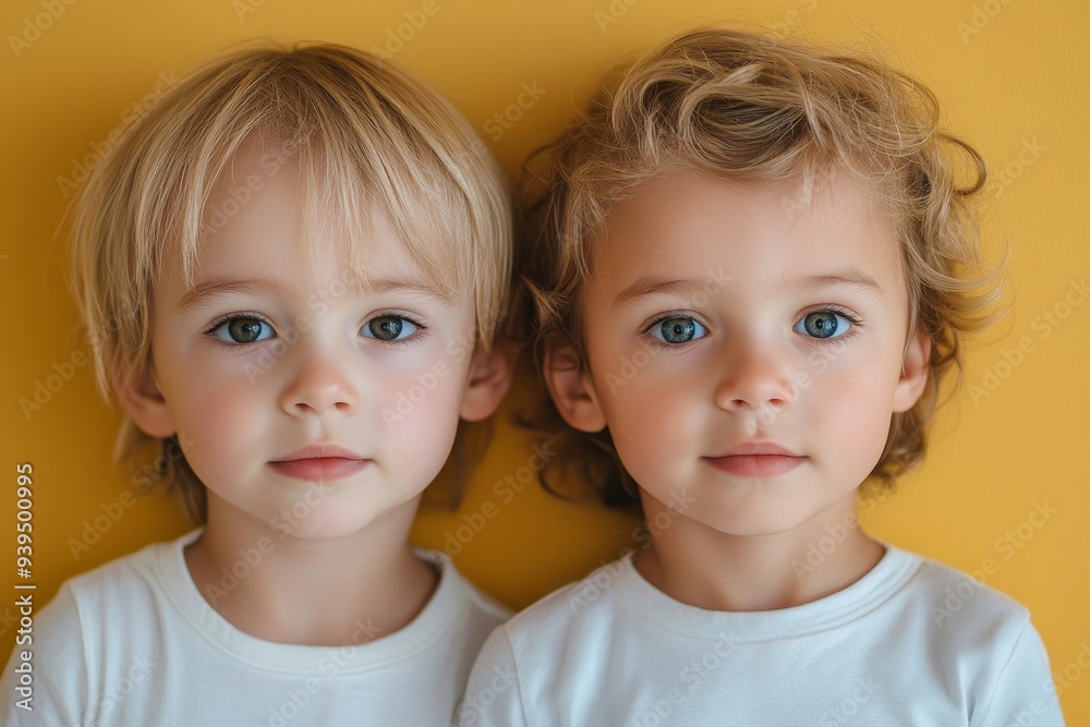 Cute little brothers standing on yellow background, Generative AI