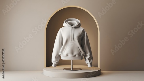 White Hoodie on Mannequin in Minimalist Display Setting