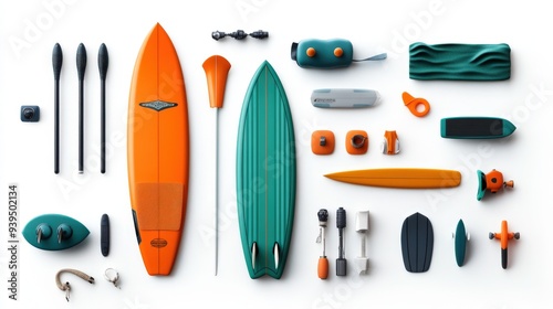 Colorful surfboard and accessories arranged neatly, showcasing vibrant designs and essential gear for water sports enthusiasts. photo