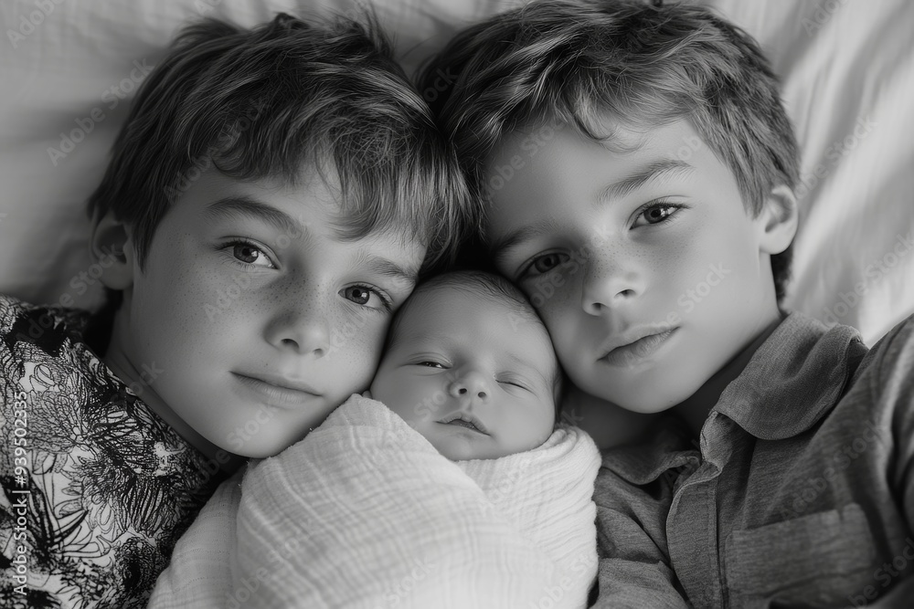 Big brothers with their little newborn brother, Generative AI Big brothers with their little newborn brother, Generative AI