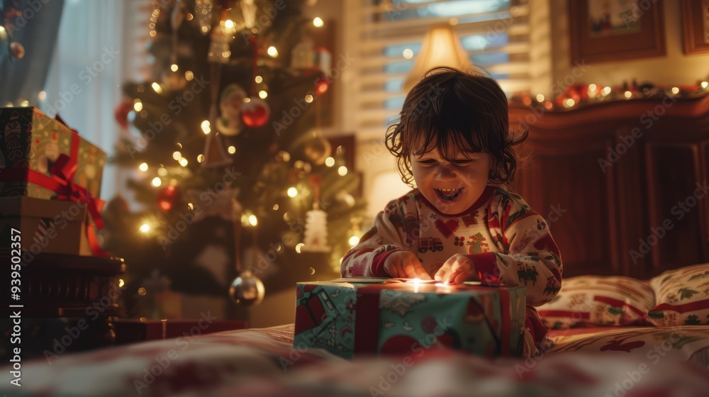 Photo of a cozy bedroom with children in their pajamas excitedly opening presents on Christmas morning.