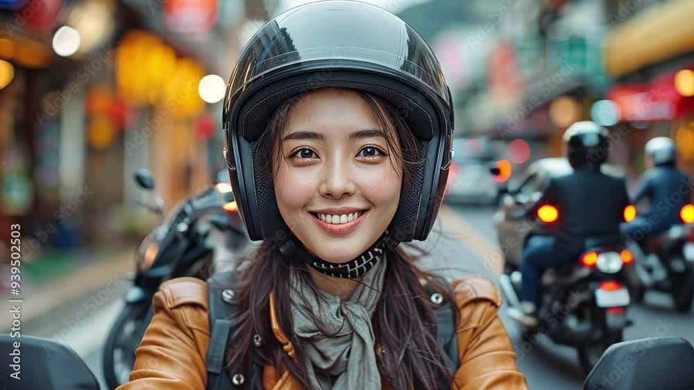 Asian woman riding a motorbike and grinning while carrying a rucksack during the day Asian woman riding a motorbike and grinning while carrying a rucksack during the day