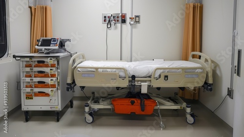 photograph of A hospital bed with a medical kit next to it and life-saving equipment installed on the side