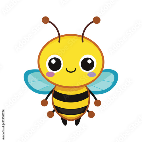 Cartoon bee with a big smile and big wings, Cute cartoon bee character Vector illustration isolated , Bee, side view on white background