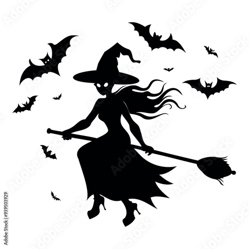 Halloween Witch black silhouette on a broomstick with bats, pumpkin isolated on a white background, Vector illustration