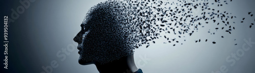 An artistic representation of a human head dissolving into particles, symbolizing thoughts and emotions in motion. photo