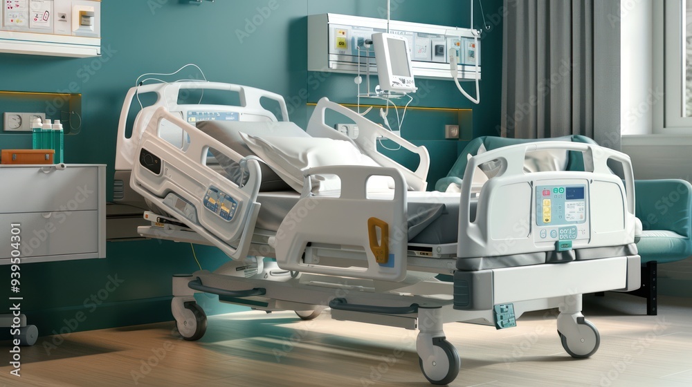 photograph of A hospital bed with a medical kit next to it and life-saving equipment installed on the side