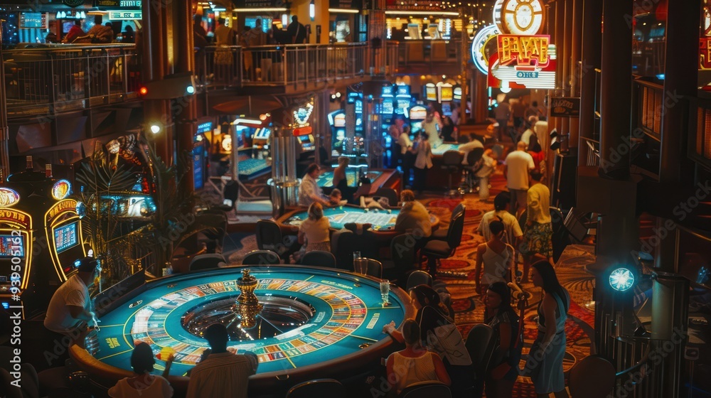 Obraz premium A lively casino at night, with gamblers gathering at the roulette tables in an atmosphere of celebration and excitement.