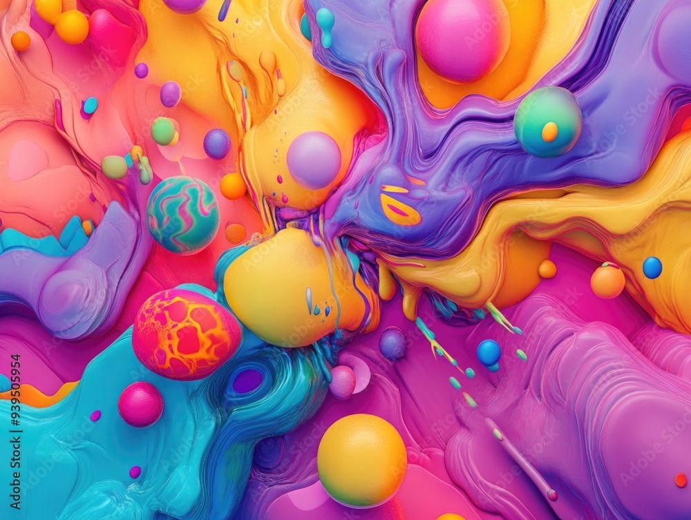 Vibrant Abstract Fluid Art with Colorful Spheres and Wavy Patterns Vibrant Abstract Fluid Art with Colorful Spheres and Wavy Patterns