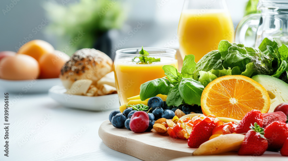 The image shows a close-up of a healthy breakfast spread with fresh fruits, leafy greens, nuts, and a glass of orange juice, all set against a white background. The image shows a close-up of a healthy breakfast spread with fresh fruits, leafy greens, nuts, and a glass of orange juice, all set against a white background.