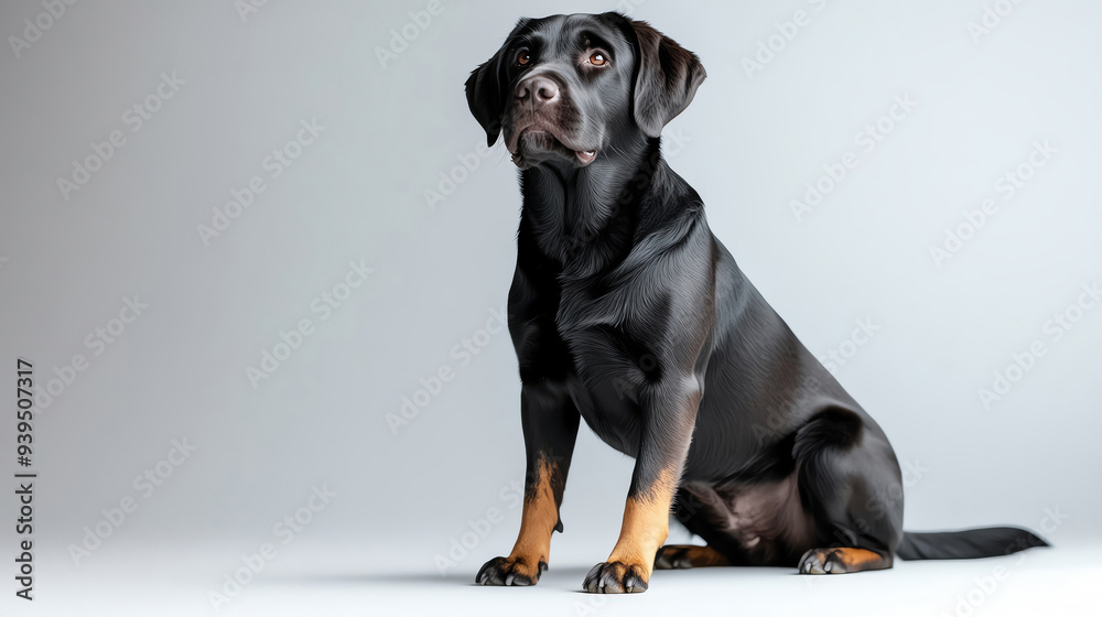A majestic black dog sits elegantly against a neutral background, showcasing its expressive eyes and shiny coat. A majestic black dog sits elegantly against a neutral background, showcasing its expressive eyes and shiny coat.