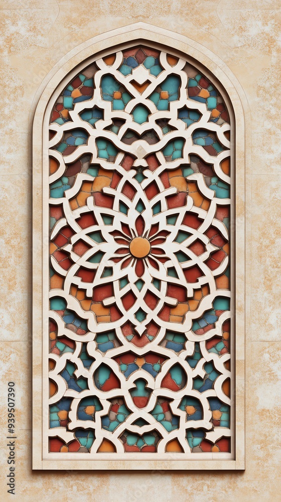 Obraz premium Intricate geometric pattern in a stained glass window with a floral design.