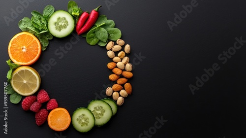 A vibrant circle of fresh fruits, vegetables, and nuts on a dark background, showcasing healthy eating and natural ingredients.