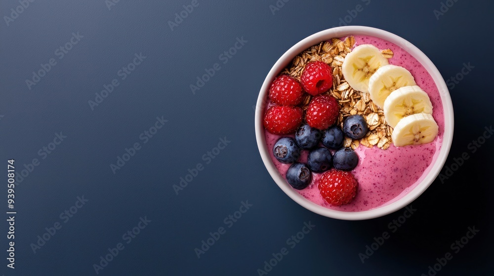 A vibrant smoothie bowl topped with fresh raspberries, bananas, blueberries, and granola, perfect for a healthy breakfast. A vibrant smoothie bowl topped with fresh raspberries, bananas, blueberries, and granola, perfect for a healthy breakfast.