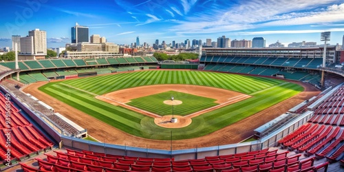 Wrigley Field Home of Chicago Cubs in red with copy space, Wrigley Field, Chicago Cubs, baseball, iconic, historic, sports