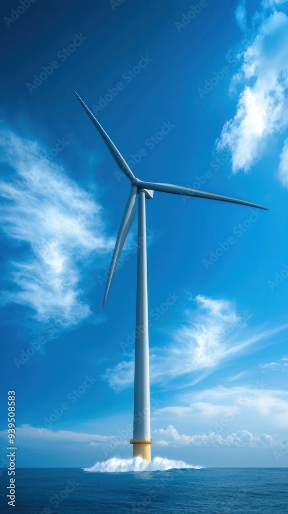 Fototapeta premium A stunning offshore wind turbine standing tall against a vibrant blue sky and ocean, symbolizing renewable energy and sustainability.