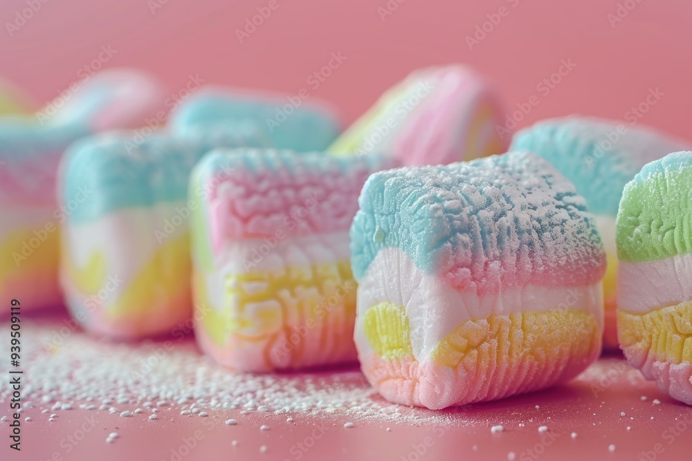 Closeup of colorful marshmallows covered in sugar laying on a pink surface Closeup of colorful marshmallows covered in sugar laying on a pink surface